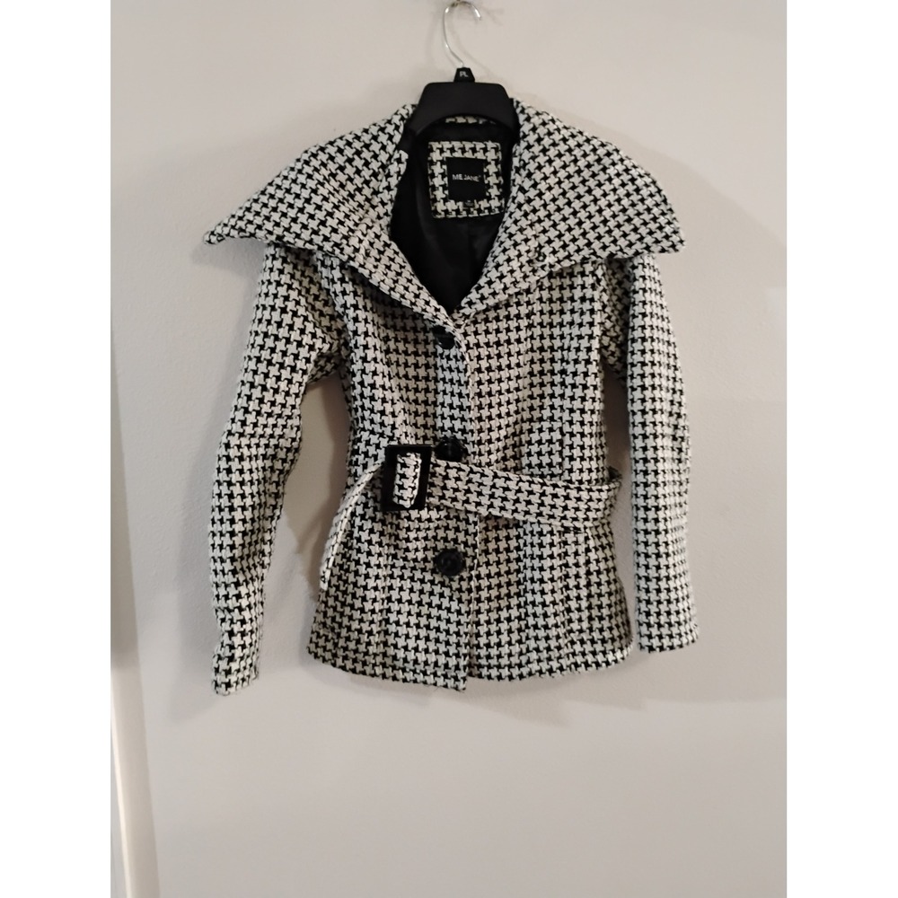 Me Jane Houndstooth Belted Coat Black White Oversized Collar Jacket Women Medium